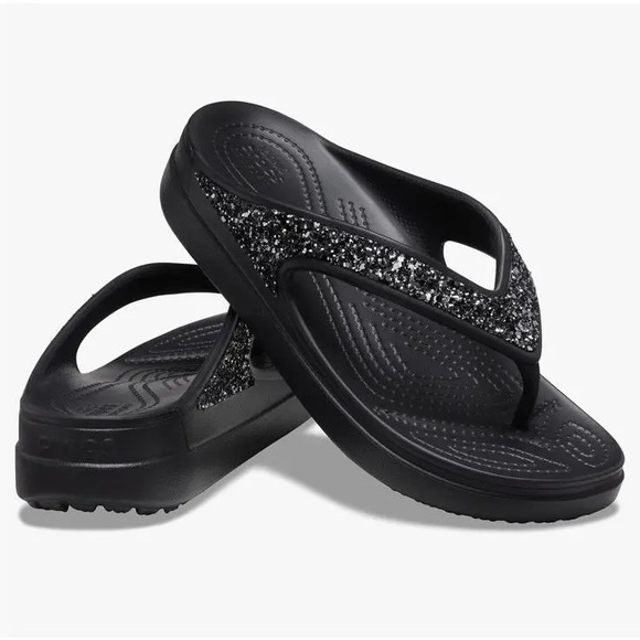 Crocs Sloane Glitter Black Women’s Wedge Flip Flops Sandals Sz 8 NWT - Picture 1 of 13